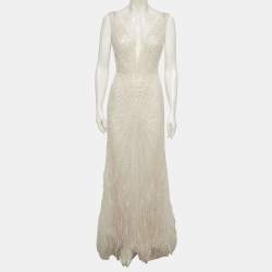 Pre Owned Romanova Atelier White Tulle Embellished Deborah Feathers Mermaid Dress M