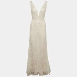 Pre Owned Romanova Atelier White Tulle Embellished Deborah Feathers Mermaid Dress M