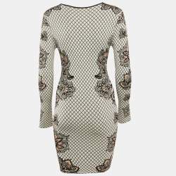 Pre Owned Torn by Ronny Kobo Black/White Floral Intarsia Stretch Knit Bodycon Dress S