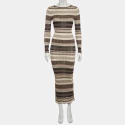 Pre Owned Ronny Kobo Beige & Black Patterned Lurex Knit Maxi Dress XS