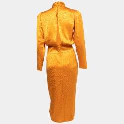 Pre Owned Ronny Kobo Yellow Satin Jacquard Asymmetrical Midi Dress S