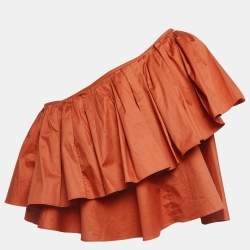 Pre Owned Ronny Kobo Orange Cotton Ruffled One-Shoulder Roony Top S