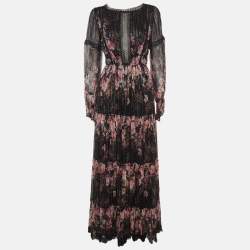 Pre Owned Rose Room Black Floral Print Chiffon Puff Sleeve Maxi Dress S