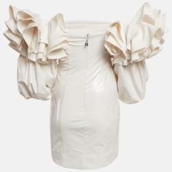 ROTATE BIRGER CHRISTENSEN Cream Faux Leather Bethany Off-Shoulder Vinyl Dress S