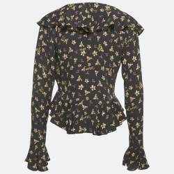 Pre Owned ROTATE Birger Christensen Black Floral Crepe Frill Blouse S