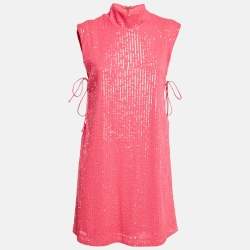 ROTATE Fuchsia Pink Sequin Mesh Lace-Up Mini Krew Dress M