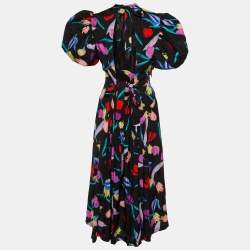 ROTATE Birger Christensen Black Floral Print Viscose Noon Midi Dress M