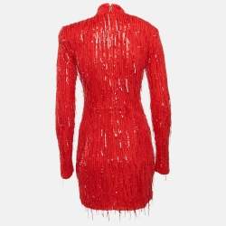 Pre Owned ROTATE BIRGER CHRISTENSEN Racing Red Sequin Tulle Fringed Mini Dress S