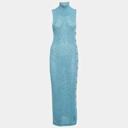 Pre Owned Rotate Birger Christensen Blue Patterned Knit High Neck Tessa Midi Dress M