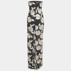 Pre Owned ROTATE BIRGER CHRISTENSEN Black Mesh Floral Applique Strapless Maxi Dress S