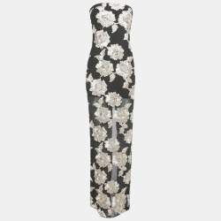 Pre Owned ROTATE BIRGER CHRISTENSEN Black Mesh Floral Applique Strapless Maxi Dress S
