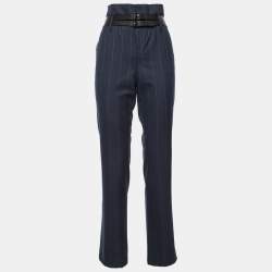 مملوكة مسبقًا بنطلون رتا كاباردين مقلم بخطوط رفيعة أزرق كحلي بتفاصيل حزام مقاس متوسط - ميديام