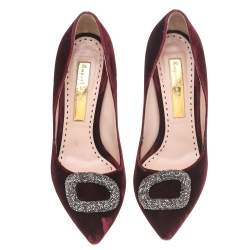 Rupert Sanderson Deep Red Velvet Crystal Embellished Pointed Toe Pumps Size 39