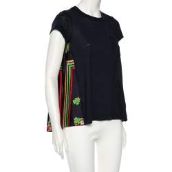 Pre Owned Sacai Navy Blue Floral Printed Linen & Satin Tunic T-Shirt XS