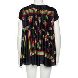 Pre Owned Sacai Navy Blue Floral Printed Linen & Satin Tunic T-Shirt XS