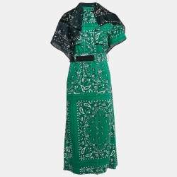 Sacai Green Bandana Print Cotton Scarf Trim Open Back Midi Dress S