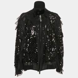 Sacai Black Sequin Crepe Ruffled Zip-Up Bomber Jacket L