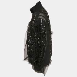 Sacai Black Sequin Crepe Ruffled Zip-Up Bomber Jacket L