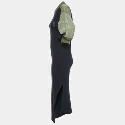 Sacai Navy Blue Rib Knit Puff Sleeve Satin Panel Detail Midi Dress S