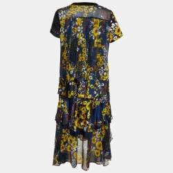 Sacai Navy Blue Floral Print Corduroy & Chiffon Top and Skirt Set S
