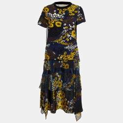 Sacai Navy Blue Floral Print Corduroy & Chiffon Top and Skirt Set S