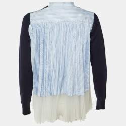 مملوكة مسبقًا Sacai Navy Blue Striped Mesh Detail Wool Sweater S