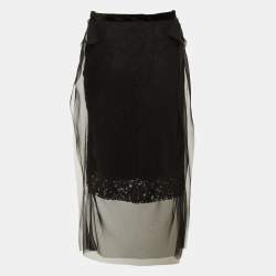 Pre Owned Sacai Black Lace & Tulle Overlay Midi Skirt M