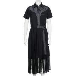 Sacai Indigo Denim & Poplin Pleated Wrap Maxi Dress XS
