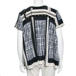 Sacai Multicolored Geometric Printed Georgette Pleated Short Sleeve Top L