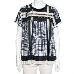 Sacai Multicolored Geometric Printed Georgette Pleated Short Sleeve Top L