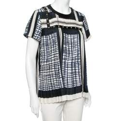 Sacai Multicolored Geometric Printed Georgette Pleated Short Sleeve Top L