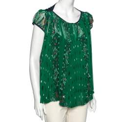 Pre Owned Sacai Green Paisley Printed Chiffon Plisse Pleated Top M