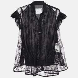 Sacai Black Lace & Cotton Paneled Button Front Top S