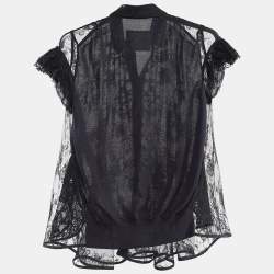 Sacai Black Lace & Cotton Paneled Button Front Top S