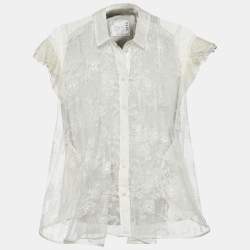 Sacai White Lace & Cotton Paneled Button Front Top S