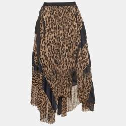 Sacai Brown Leopard Print Pleated Crepe Asymmetrical Midi Skirt S