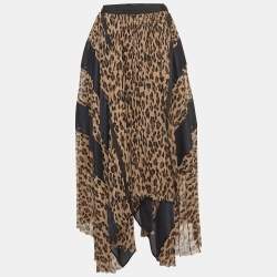 Sacai Brown Leopard Print Pleated Crepe Asymmetrical Midi Skirt S