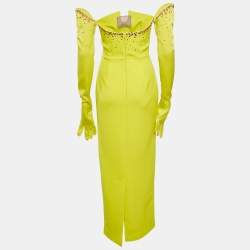 Safiyaa Lime Green Rhinestone Crepe Strapless Gown With Gloves S