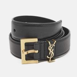 Saint Laurent Black Leather Cassandre Buckle Belt 80CM