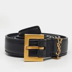 Pre Owned Saint Laurent Black Leather Cassandre Slim Belt 85 CM