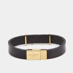 Pre Owned Saint Laurent YSL Black Leather Gold Tone Bracelet
