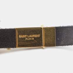 Pre Owned Saint Laurent YSL Black Leather Gold Tone Bracelet