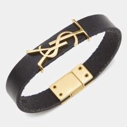 Pre Owned Saint Laurent YSL Black Leather Gold Tone Bracelet