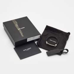 Pre Owned Saint Laurent Black Woven Leather Id Tag Silver Tone Bracelet 
