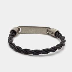 Pre Owned Saint Laurent Black Woven Leather Id Tag Silver Tone Bracelet 