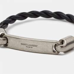 Pre Owned Saint Laurent Black Woven Leather Id Tag Silver Tone Bracelet 