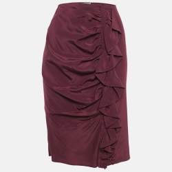 Pre Owned Yves Saint Laurent Vintage Burgundy Silk Ruffled Knee-Length M
