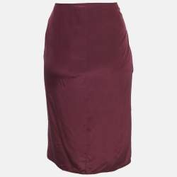 Pre Owned Yves Saint Laurent Vintage Burgundy Silk Ruffled Knee-Length M