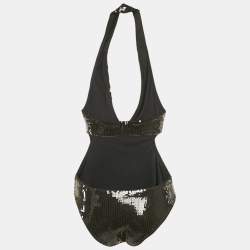 Pre Owned Saint Laurent Paris Black Sequin Embellished Jersey Cut-Out Swimsuit XS