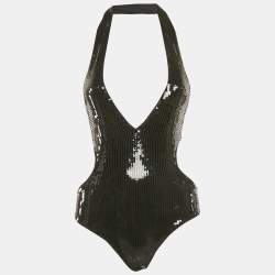 Saint Laurent Paris Black Sequin Embellished Jersey Cut-Out Swimsuit XS